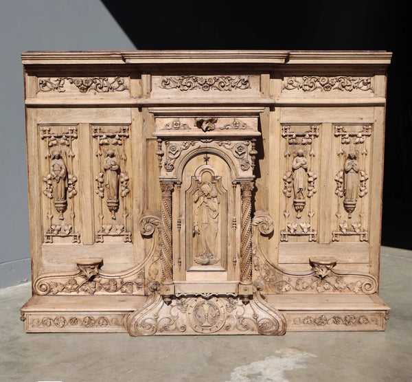 84" Wide Antique French Renaissance Revival Altar/ Tabernacle Highly Carved Oak
