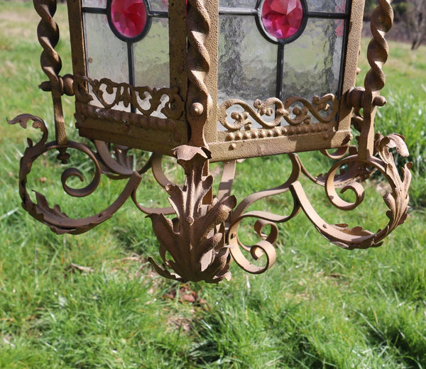 36" Tall XL French Antique Iron and Stained Glass Hanging Chandelier/Lamp