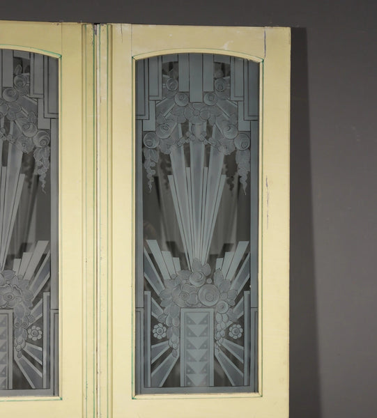 Pair of French Art Deco Etched Glass Doors Frosted Glass with Pine Frames