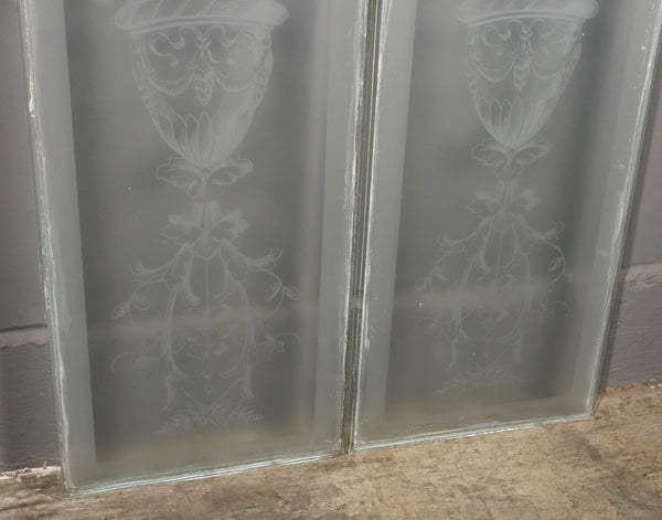 56" Tall Pair of Antique French Etched Glass Windows Frosted Glass with Flowers