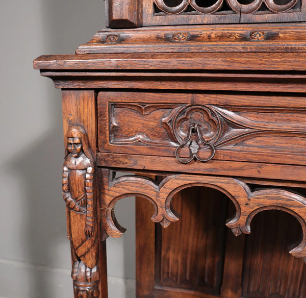 70" Tall Antique French Gothic Revival Oak Wood Cabinet/Liquor/Wine/Bar Cabinet