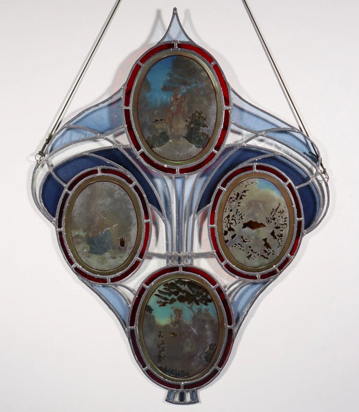 38" Tall Large Antique French Art Nouveau Stained/Leaded Glass Panel 4 Seasons