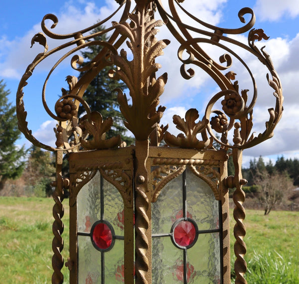 36" Tall XL French Antique Iron and Stained Glass Hanging Chandelier/Lamp