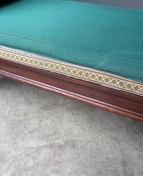 74" Long French Antique Neo Gothic Day Bed Solid Walnut with Green Silk Cushions