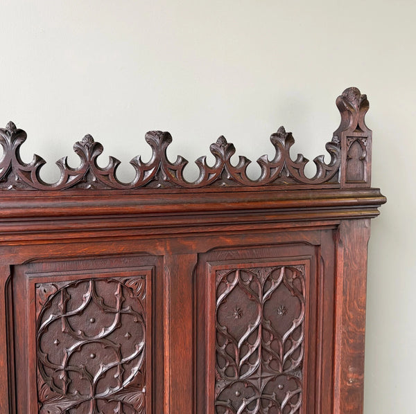 72" Tall Antique French Gothic Revival Oak Wood Bench/Settee/Chair Highly Carved