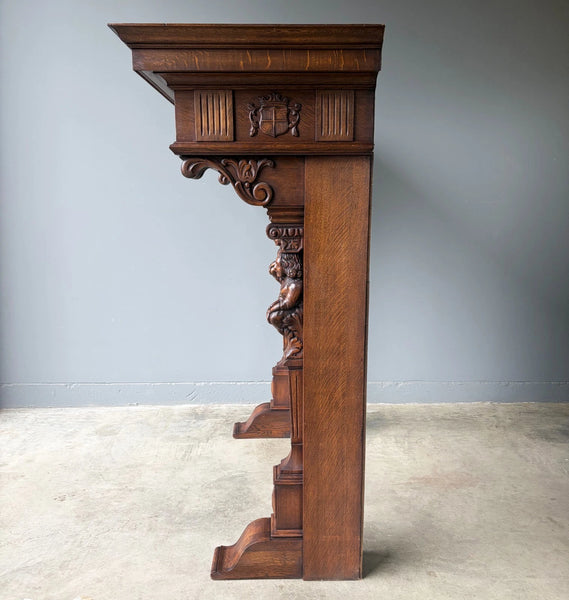 82" Large Vintage Renaissance Revival Oak Fireplace Surround/Mantel w/Figures