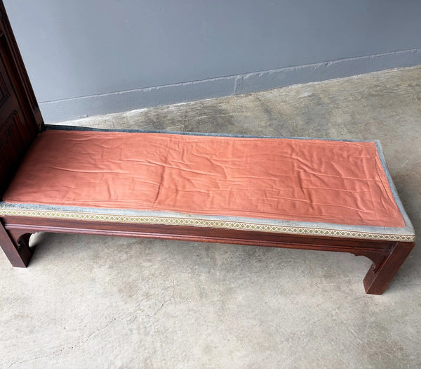74" Long French Antique Neo Gothic Day Bed Solid Walnut with Green Silk Cushions