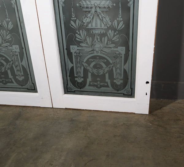 88" Tall Pair of Antique French Etched Glass Windows Frosted Glass with Flowers