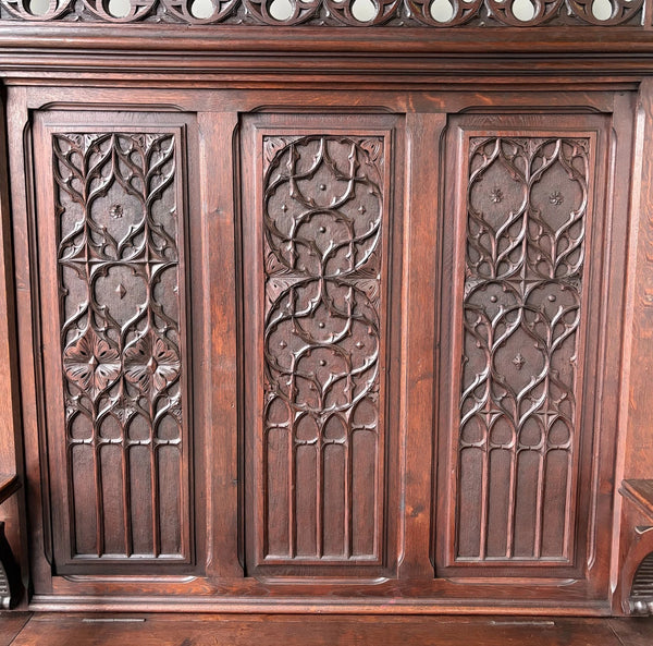 72" Tall Antique French Gothic Revival Oak Wood Bench/Settee/Chair Highly Carved