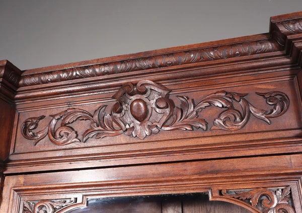 88" Tall French Antique Solid Oak Wood Bookcase/Display Case/Cabinet Carved