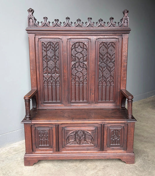 72" Tall Antique French Gothic Revival Oak Wood Bench/Settee/Chair Highly Carved