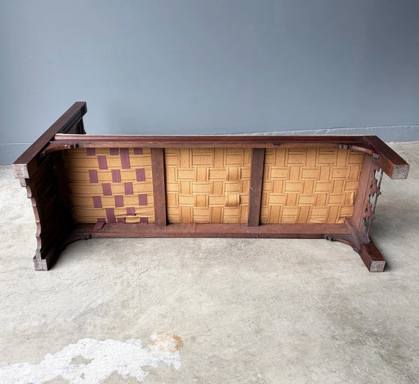 74" Long French Antique Neo Gothic Day Bed Solid Walnut with Green Silk Cushions