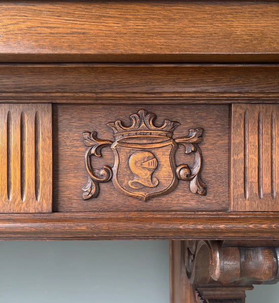 82" Large Vintage Renaissance Revival Oak Fireplace Surround/Mantel w/Figures