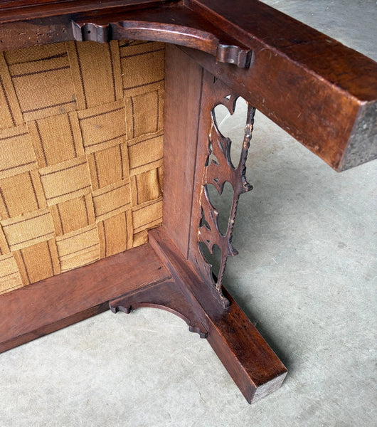 74" Long French Antique Neo Gothic Day Bed Solid Walnut with Green Silk Cushions