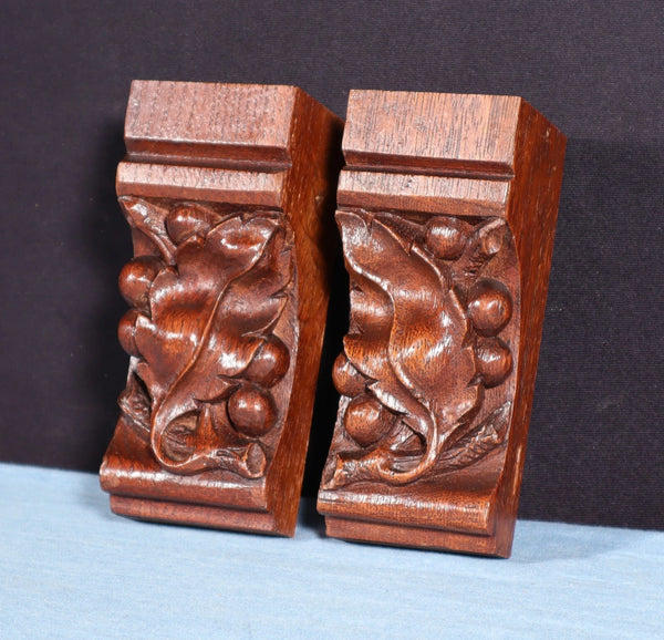 Pair of 4" French Antique Highly Carved Corbels/Trim/Brackets Solid Oak Wood
