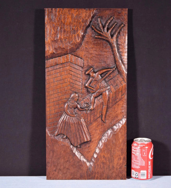 20" Tall Antique French Solid Mahogany Wood Carved Panel with Romantic Theme