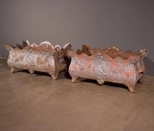 XL Pair of French Antique Cast Iron Louis XV Style Planters/Flower Pots Garden