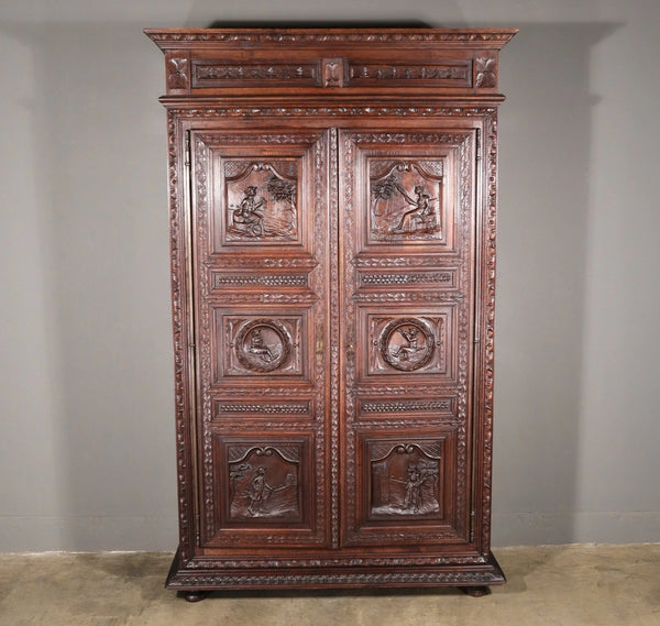 91" Tall French Antique Breton Armoire/Cabinet in Solid Chestnut Highly Carved