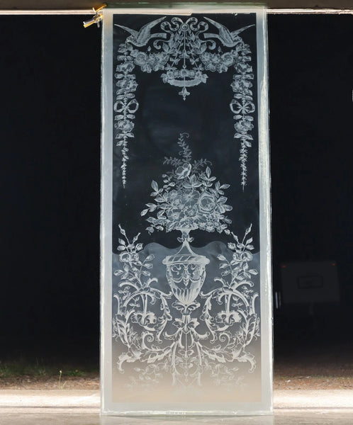 56" Tall Antique French Etched Glass Window Frosted Glass with Flowers and Birds