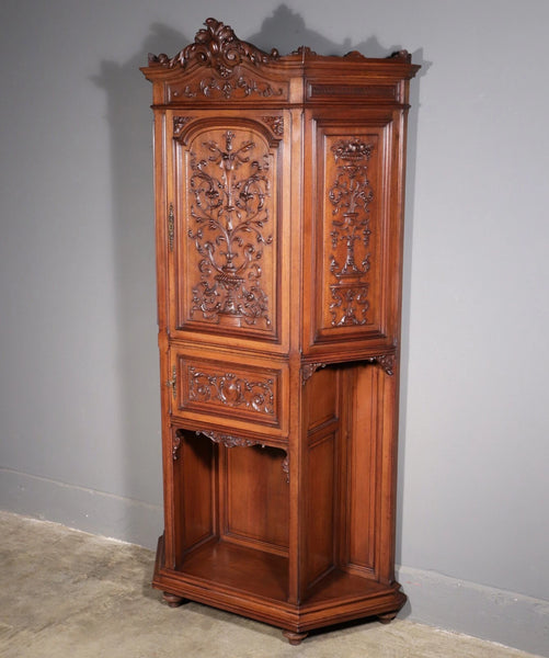 71" Tall Antique French Solid Walnut Wood Highly Carved Renaissance Cabinet