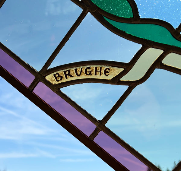 31" Tall Vintage Belgian/Flanders Stained/Leaded Glass Panel of Bruges Belgium