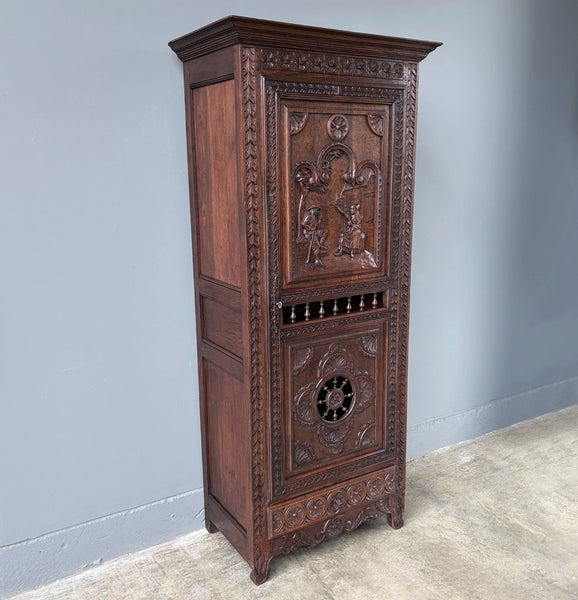 71" Tall French Antique Breton Cabinet in Solid Chestnut Wood w/Carved Figures