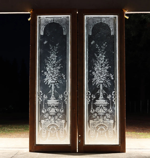88" Tall Pair of Antique French Etched Glass Windows Frosted Glass with Flowers