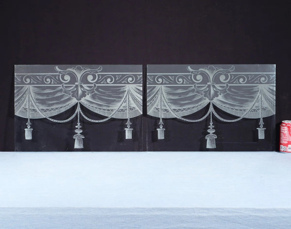 19" Wide Pair of Antique French Etched Glass Windows With Curtains and Tassels