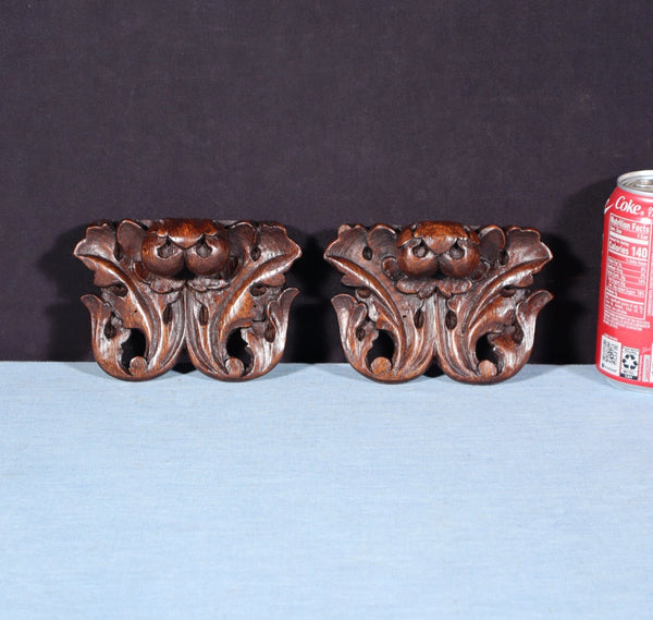 Pair of 3" French Antique Highly Carved Trim/Brackets/Corbels Solid Oak Wood