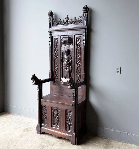Late 1700's Antique French Gothic Throne Chair Bench/Settee/Chair Carved Oak