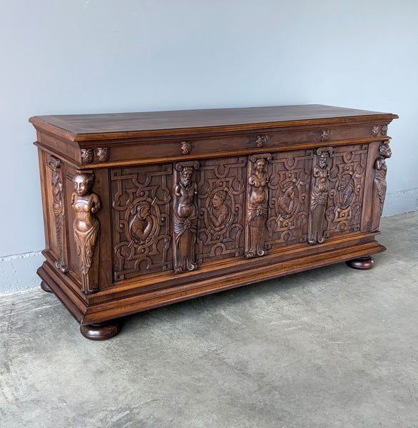 Antique French Renaissance Chest/Trunk/Sideboard Solid Walnut Detailed Carvings