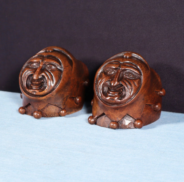 Pair of 3" Tall French Antique Highly Carved Jester Heads in Solid Walnut Wood