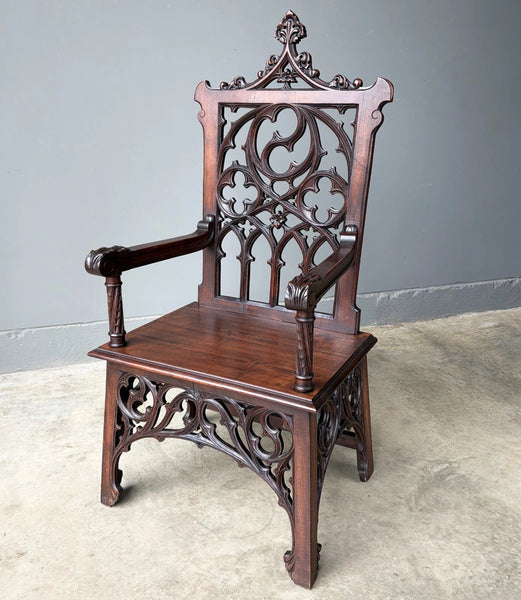 French Antique Gothic Revival Walnut Arm Chair Carved Wood Desk Chair