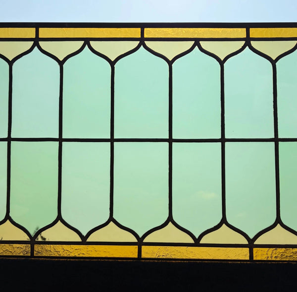 39" Wide Antique French Stained Glass Window Panel with Green & Yellow Glass