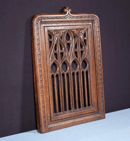 French Antique Gothic Revival Panel in Solid Oak Wood Salvage Early 1900's