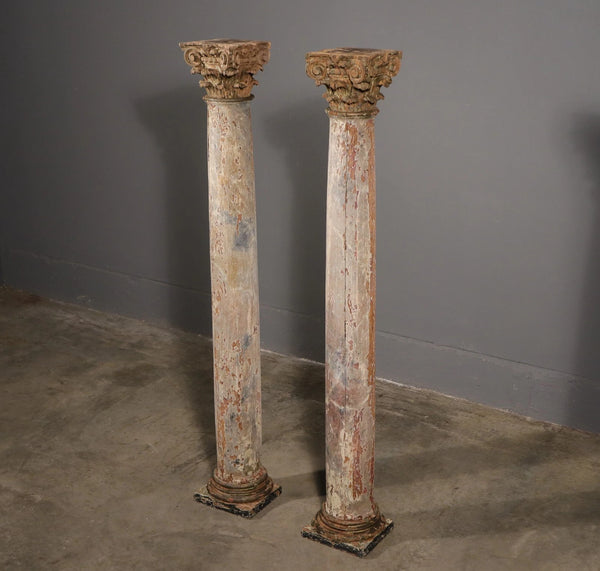 Antique French Solid Oak Highly Carved Corinthian Fireplace Side Pillars Rustic