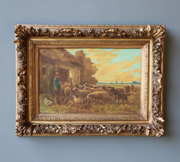 Antique Oil on Canvas Painting of a Farmer & Sheep by Paul Schouten (1860-1922)