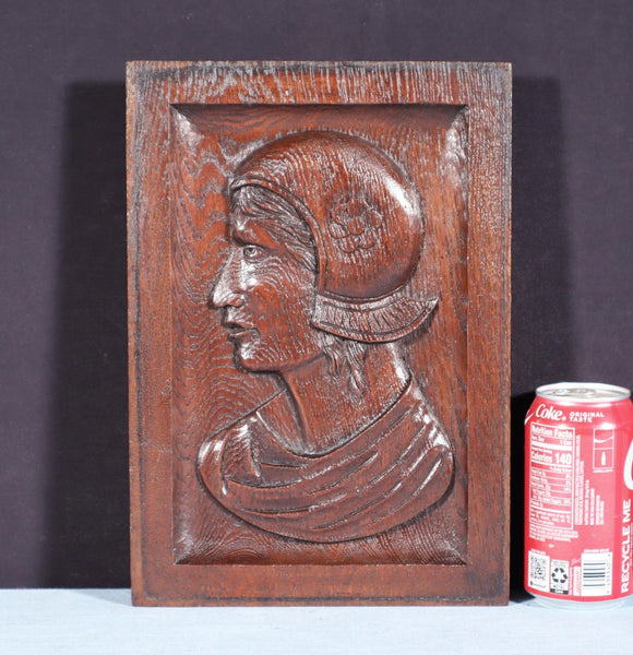 12" Tall Antique French Solid Oak Wood Hand Carved Portrait Profile of a Woman