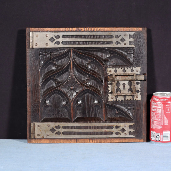 Antique French Solid Chestnut Wood Carved Gothic Door w/Faux Hinges and Latch