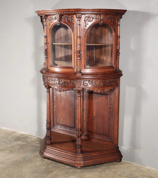65" Tall Antique French Solid Oak Wood Renaissance Curved Display Case/Cabinet