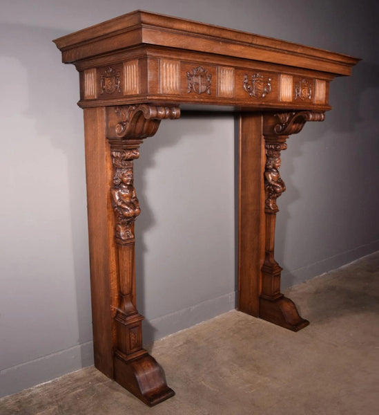 82" Large Vintage Renaissance Revival Oak Fireplace Surround/Mantel w/Figures