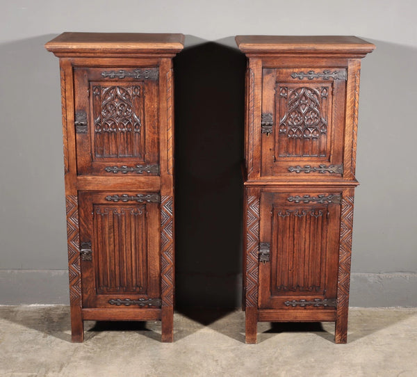 50" Tall Pair of Vintage French Solid Oak Wood Highly Carved Gothic Cabinets
