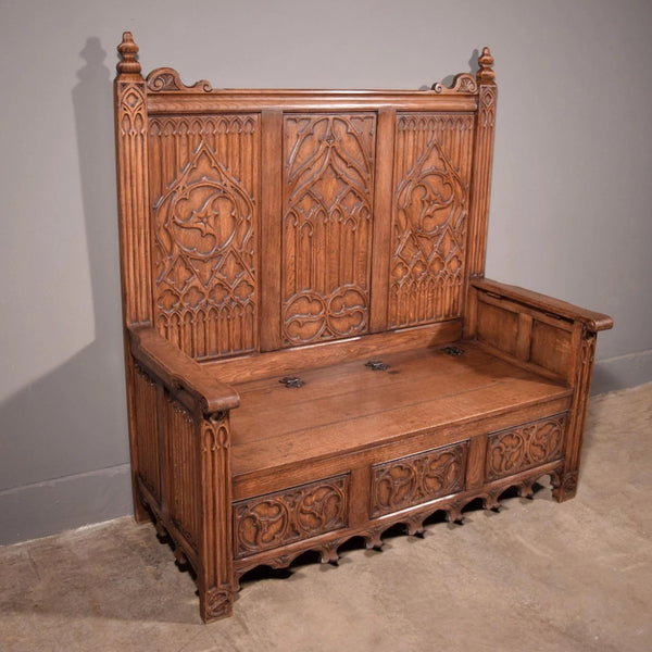 Vintage French Gothic Revival Oak Wood Bench/Settee/Chair Highly Carved