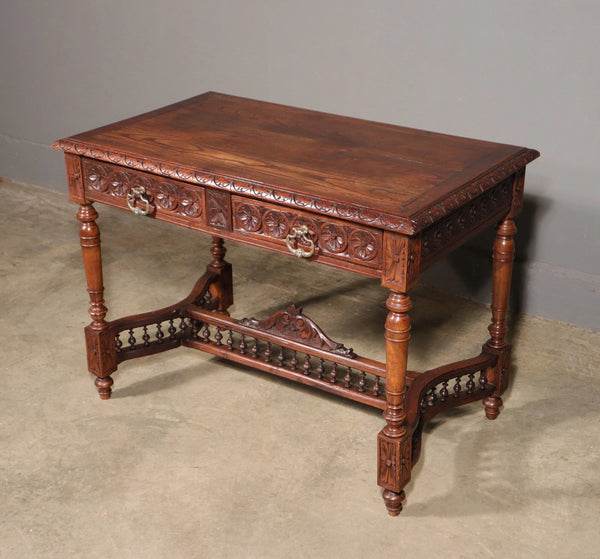 Antique French Breton Desk/Library Table in Solid Chestnut Wood with Carvings