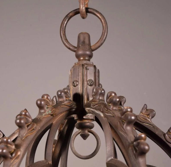 Antique Gothic French Bronze Crown Chandelier Pendent Hanging Lamp