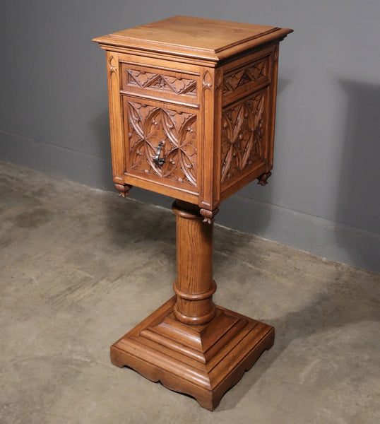 Vintage French Gothic Revival Stand, Cabinet, End Table Highly Carved Oak Wood