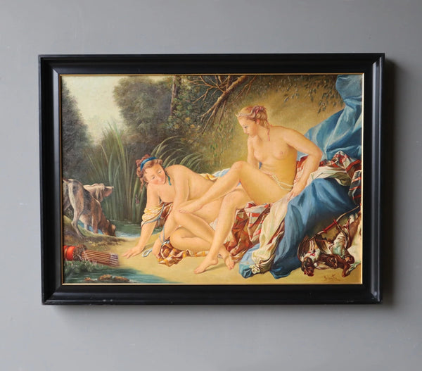 50" Wide Framed Oil On Canvas Painting After Francois Boucher "Diana Bathing"
