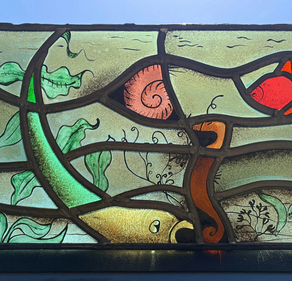 Vintage Dutch Stained/Leaded Glass Panel by Lea Steppe Sea Life Themed