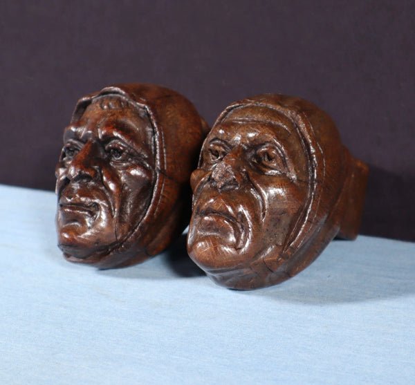 Pair of 4" Tall French Antique Highly Carved Heads in Solid Oak Wood Trim Pieces