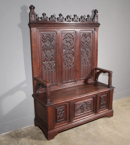 72" Tall Antique French Gothic Revival Oak Wood Bench/Settee/Chair Highly Carved